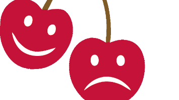 Illustration einer Zwillingskirsche mit traurigem Gesicht neben einem lächelnden Smiley als Symbol für den Umgang mit positiven und negativen Emotionen.